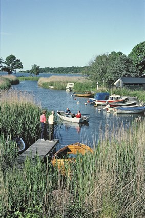 Vy vid Vierydsåns mynning i Vieryd längs kustvägen mellan Ronneby och Bräkne-Hoby, juni 1998.